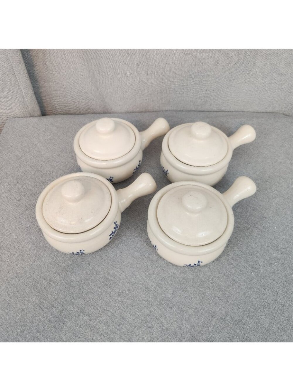 Vintage Glazed Stoneware Lot 4 Handle Crocks Beige Blue Floral French Onion USED - Picture 2 of 9